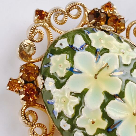 VTG Juliana D&E Brooch Signed Celebrity NY Enamel Porcelain Floral Gold Tone 60s - Picture 3 of 14
